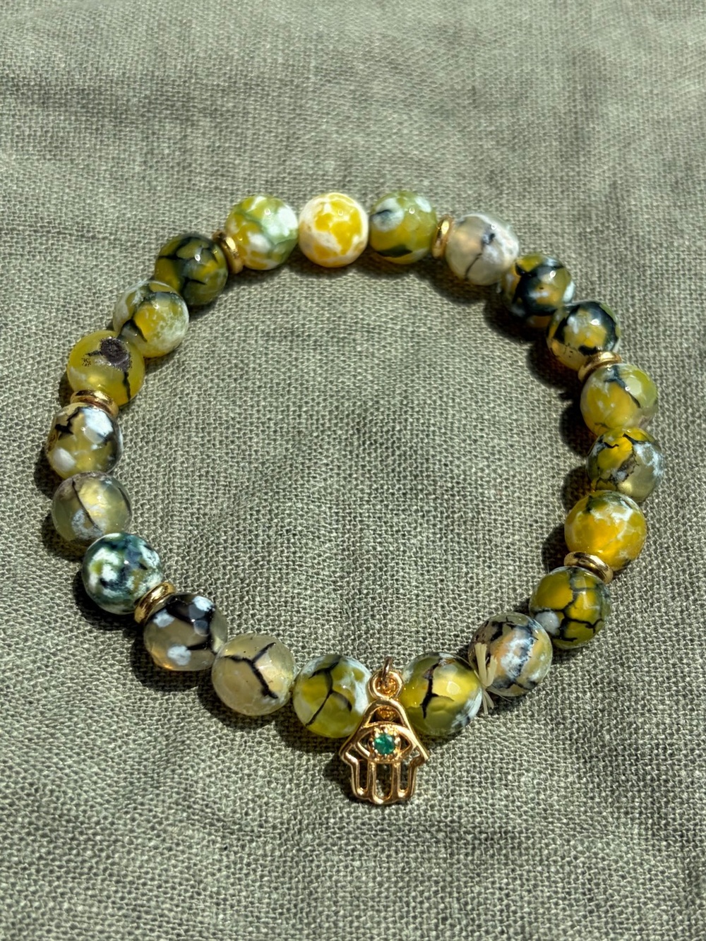 Beaded Yellow Green Agate Bracelet with Gold Hamsa Charm